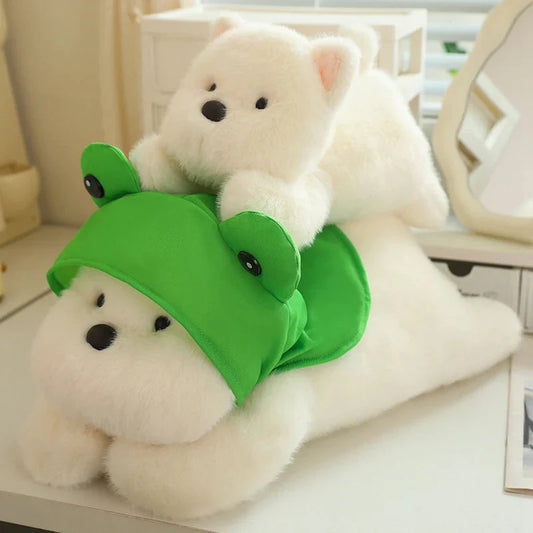 Snowy the White Maltese Plushie with Frog Hat