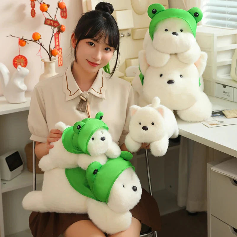Snowy the White Maltese Plushie with Frog Hat