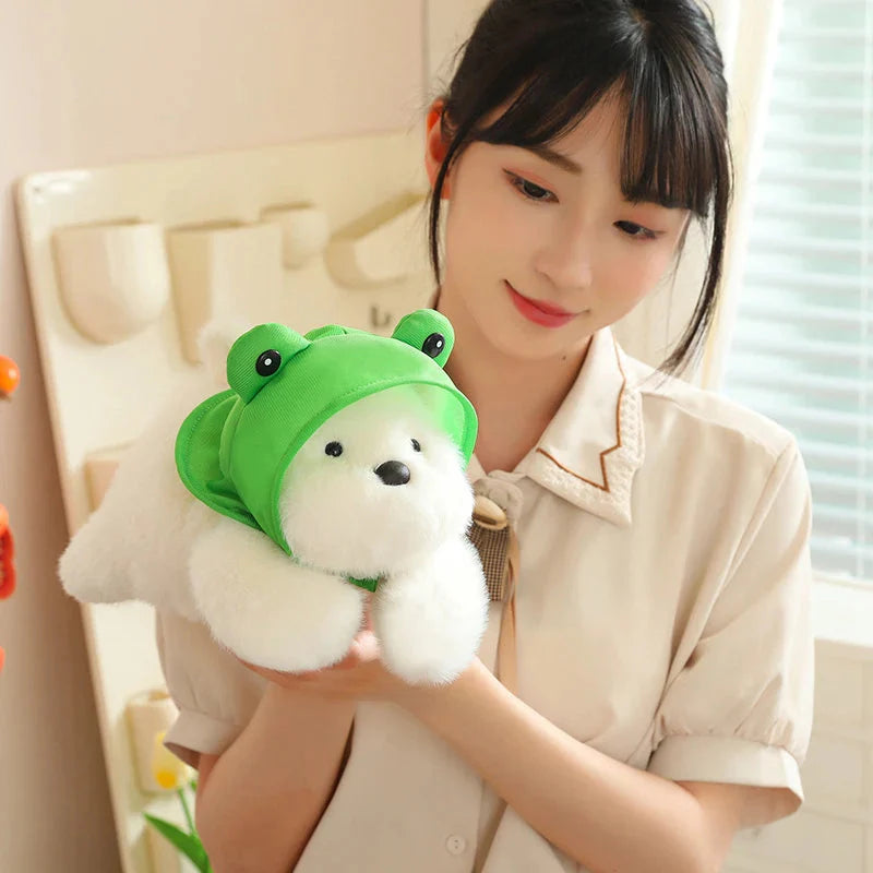 Snowy the White Maltese Plushie with Frog Hat
