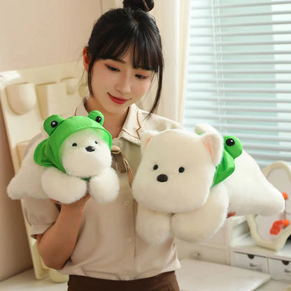 Snowy the White Maltese Plushie with Frog Hat