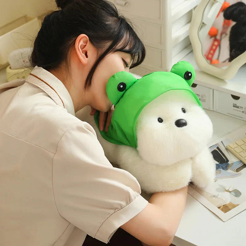 Snowy the White Maltese Plushie with Frog Hat