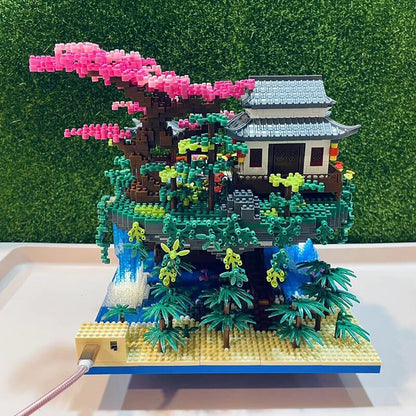 Waterfall Japanese House Sakura Tree Floating Island Nano Building Blocks | Limited Stock