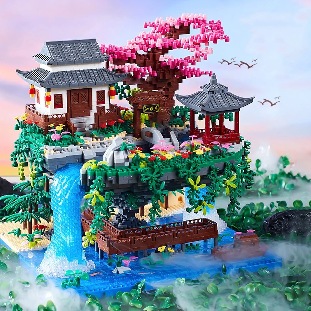Waterfall Japanese House Sakura Tree Floating Island Nano Building Blocks | Limited Stock