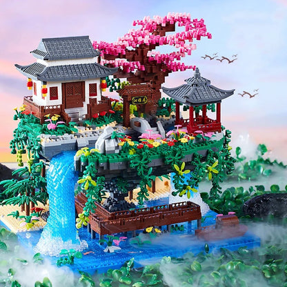 Waterfall Japanese House Sakura Tree Floating Island Nano Building Blocks | Limited Stock