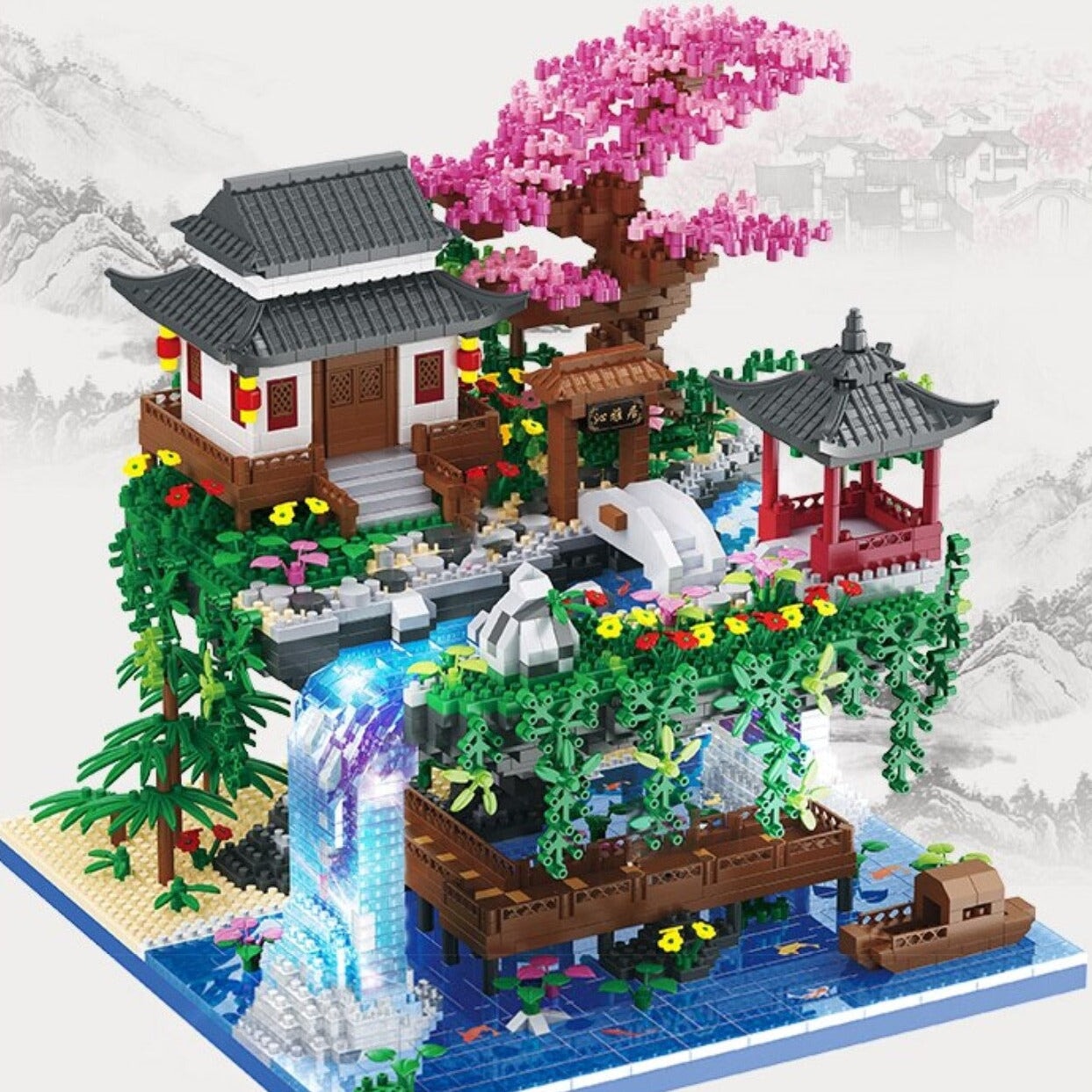 Waterfall Japanese House Sakura Tree Floating Island Nano Building Blocks | Limited Stock