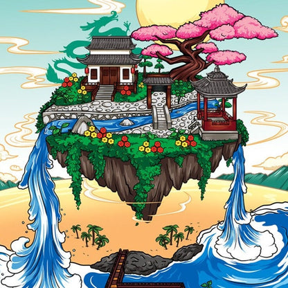 Waterfall Japanese House Sakura Tree Floating Island Nano Building Blocks | Limited Stock