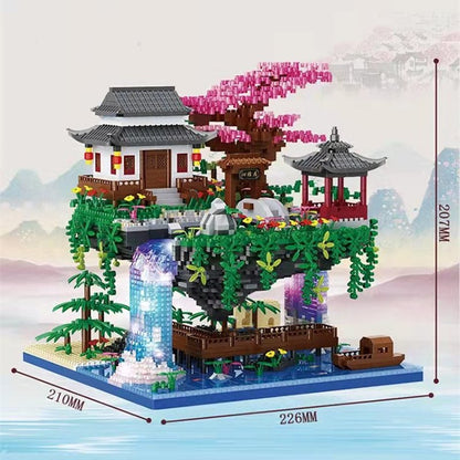 Waterfall Japanese House Sakura Tree Floating Island Nano Building Blocks | Limited Stock