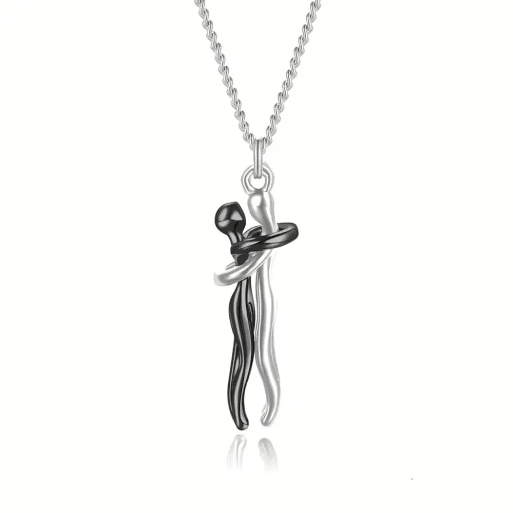 Chic Black Hug Pendant Necklace – Elegant Couple Jewelry for Perfect Love Gift
