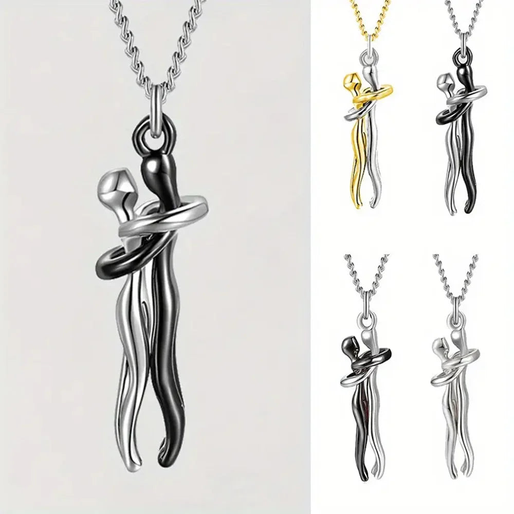 Chic Black Hug Pendant Necklace – Elegant Couple Jewelry for Perfect Love Gift