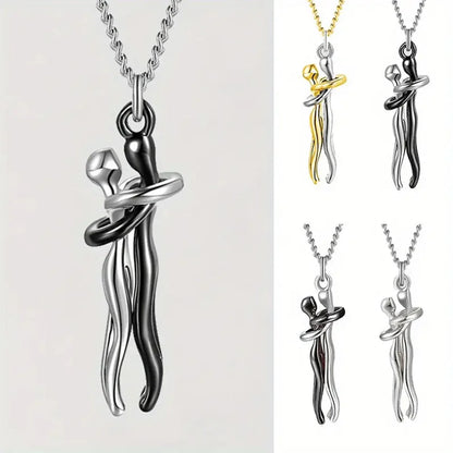 Chic Black Hug Pendant Necklace – Elegant Couple Jewelry for Perfect Love Gift