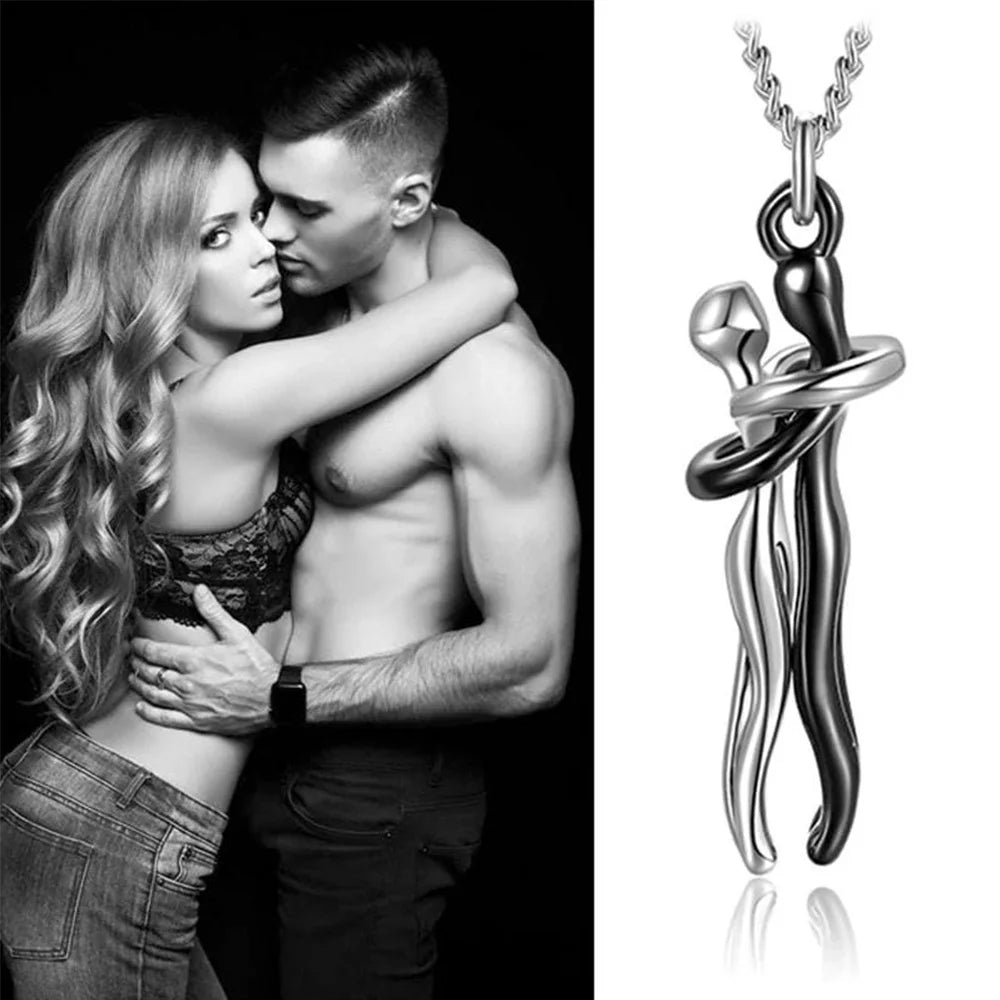 Chic Black Hug Pendant Necklace – Elegant Couple Jewelry for Perfect Love Gift