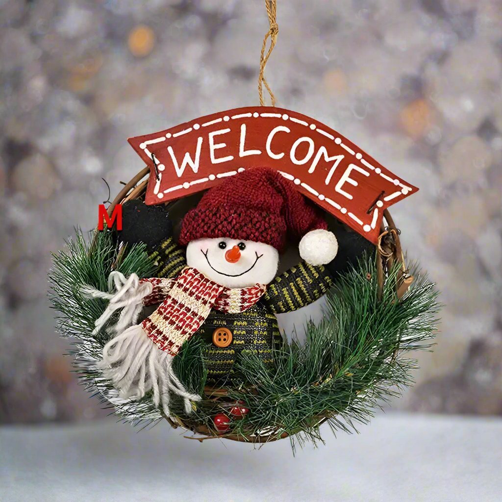 Rustic Christmas Wooden & Rattan Wreath with Santa, Snowman, and Elk Dolls – Enchanting Holiday Charm Perfect Festive Door Ornaments