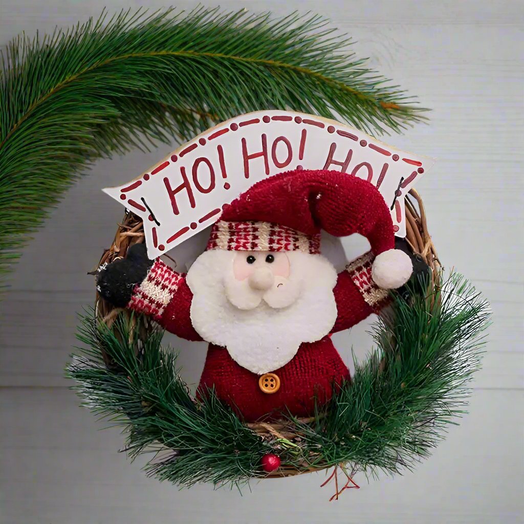 Rustic Christmas Wooden & Rattan Wreath with Santa, Snowman, and Elk Dolls – Enchanting Holiday Charm Perfect Festive Door Ornaments