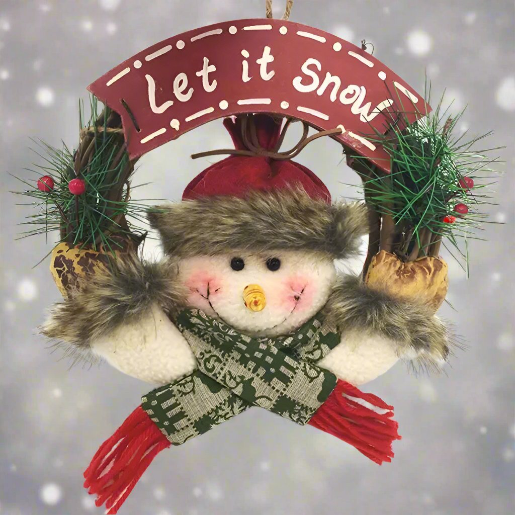 Rustic Christmas Wooden & Rattan Wreath with Santa, Snowman, and Elk Dolls – Enchanting Holiday Charm Perfect Festive Door Ornaments