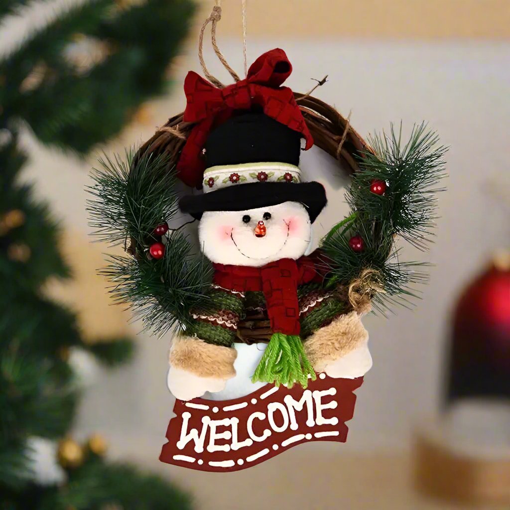 Rustic Christmas Wooden & Rattan Wreath with Santa, Snowman, and Elk Dolls – Enchanting Holiday Charm Perfect Festive Door Ornaments