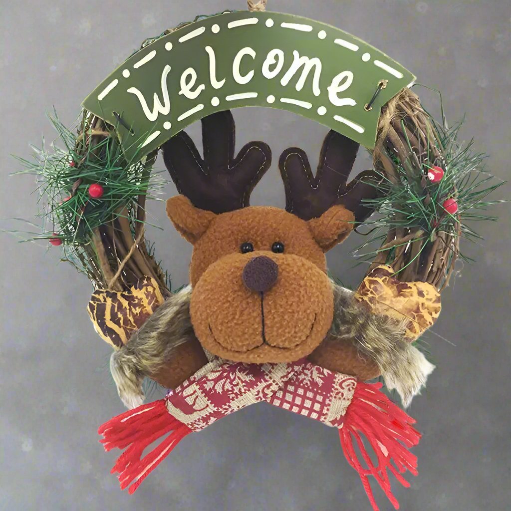 Rustic Christmas Wooden & Rattan Wreath with Santa, Snowman, and Elk Dolls – Enchanting Holiday Charm Perfect Festive Door Ornaments