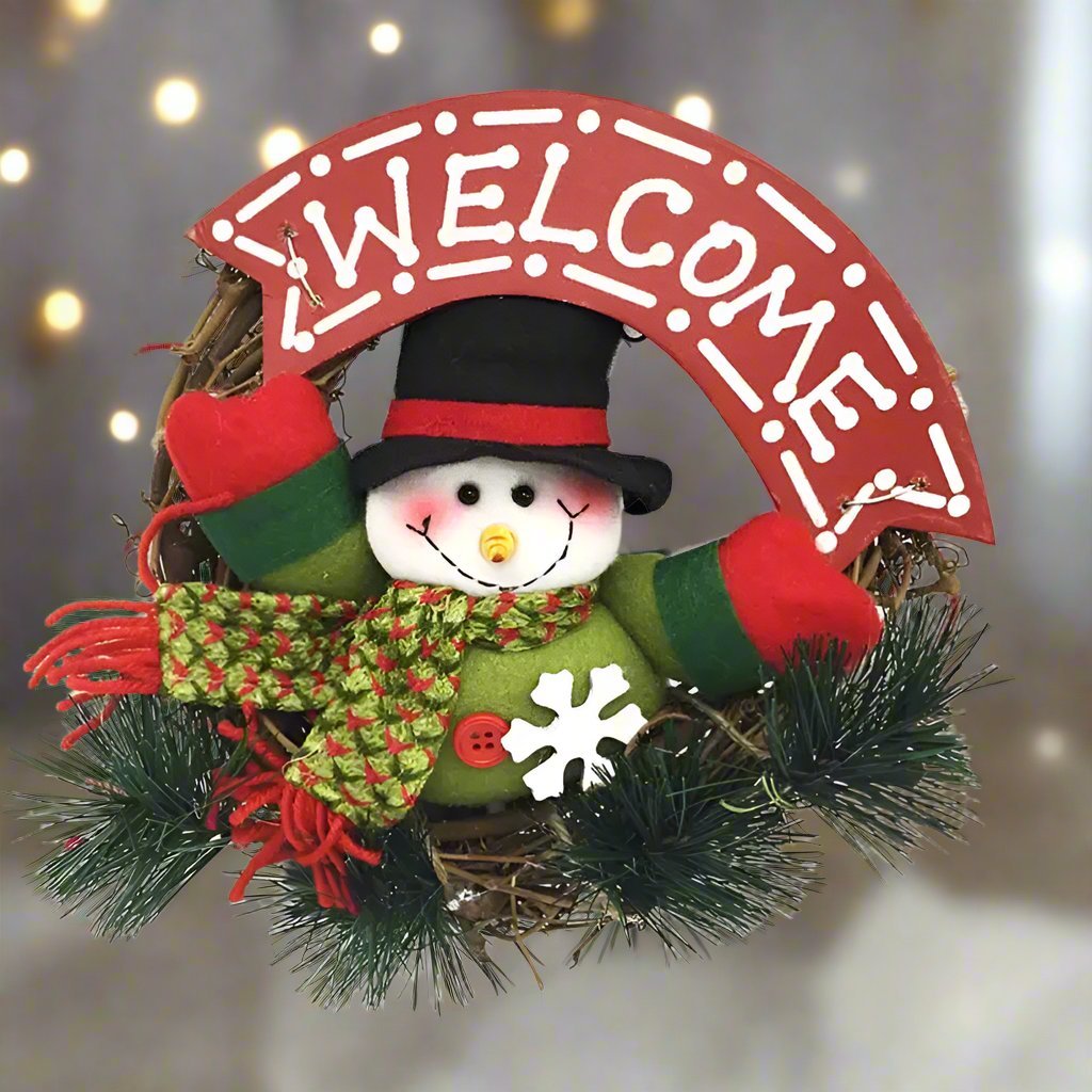 Rustic Christmas Wooden & Rattan Wreath with Santa, Snowman, and Elk Dolls – Enchanting Holiday Charm Perfect Festive Door Ornaments