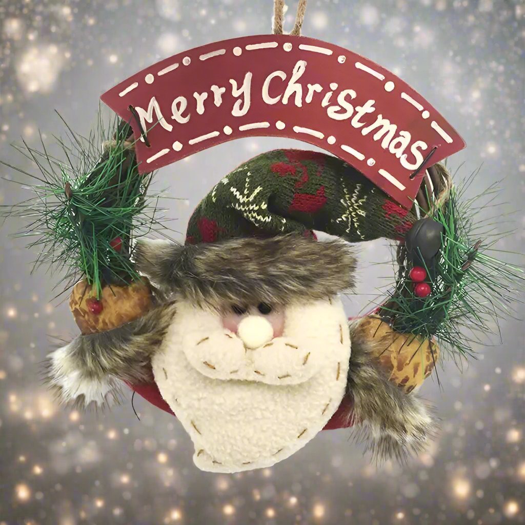 Rustic Christmas Wooden & Rattan Wreath with Santa, Snowman, and Elk Dolls – Enchanting Holiday Charm Perfect Festive Door Ornaments