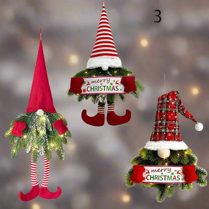 Santa Gnome with Christmas Wreath and Sparkling LED Lights – Perfect for Front Door, Wall, or Window Festive Magic