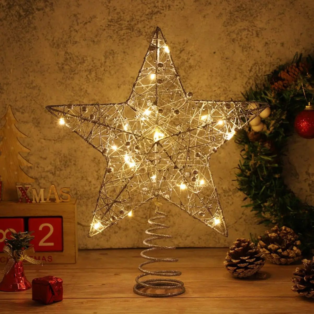 Sparkling LED Star Tree Topper – Glittering Iron Ornament for Magical Christmas Tree Décor