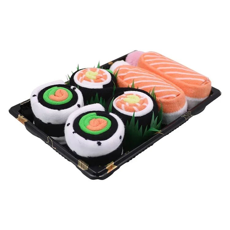 Sushi Mid-Calf Socks Gift Set – 3-Pair Harajuku Cotton Socks with Playful Pizza, Burger & Sushi Designs, Perfect for Christmas or Birthday Surprises