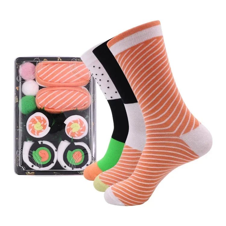 Sushi Mid-Calf Socks Gift Set – 3-Pair Harajuku Cotton Socks with Playful Pizza, Burger & Sushi Designs, Perfect for Christmas or Birthday Surprises