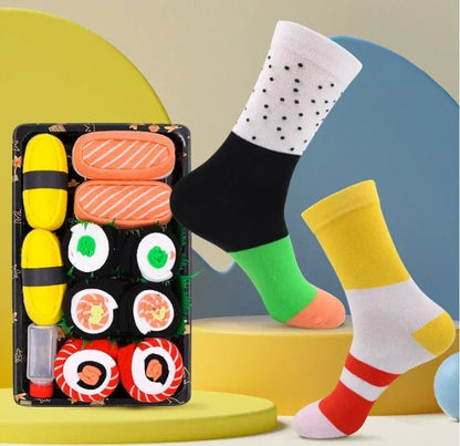 Sushi Mid-Calf Socks Gift Set – 3-Pair Harajuku Cotton Socks with Playful Pizza, Burger & Sushi Designs, Perfect for Christmas or Birthday Surprises