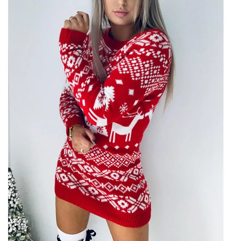 Women's Sexy Knitted Reindeer Sweater Dress – Cozy Christmas Jumper Mini Dress for Winter Festivities