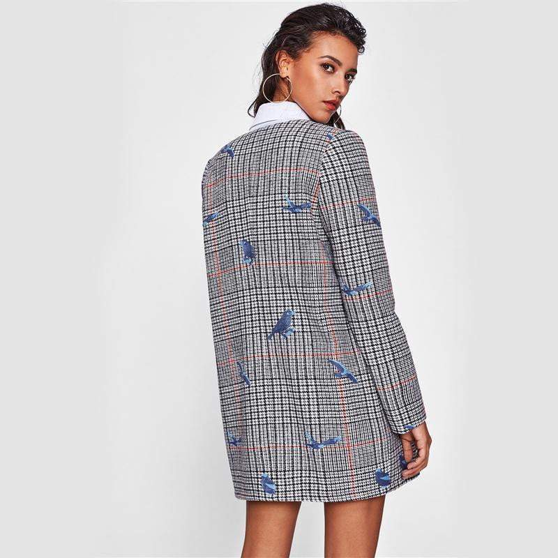 Bird Embroidered Hidden Zip Plaid Coat