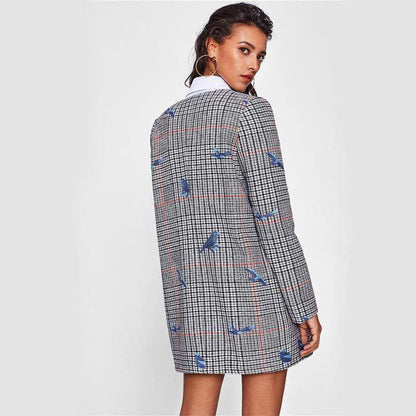 Bird Embroidered Hidden Zip Plaid Coat