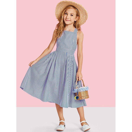 Criss Cross Back Boxed Pleated Stripe Dress