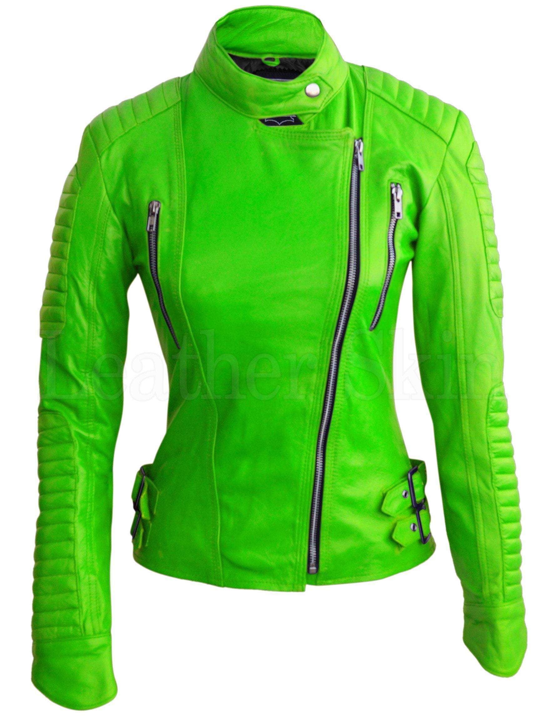 Women Parrot Green Padded Leather Jacket