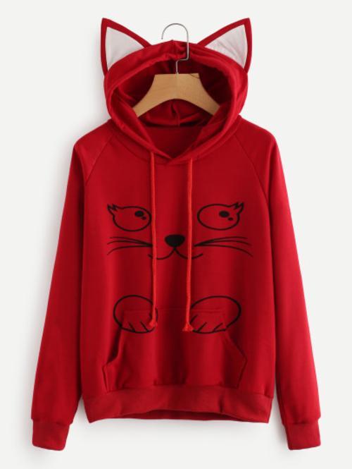 Cat Motif Hoodie Sweatshirt