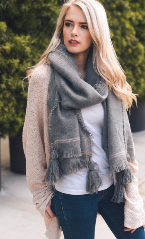 Long Gray Tassel Frayed Blanket Scarf