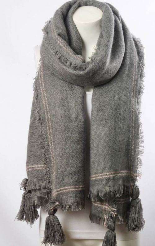 Long Gray Tassel Frayed Blanket Scarf