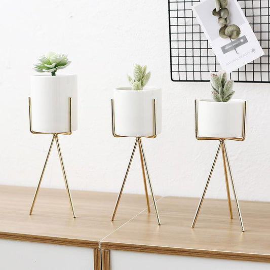 White Ceramic Planter with Metal Stand