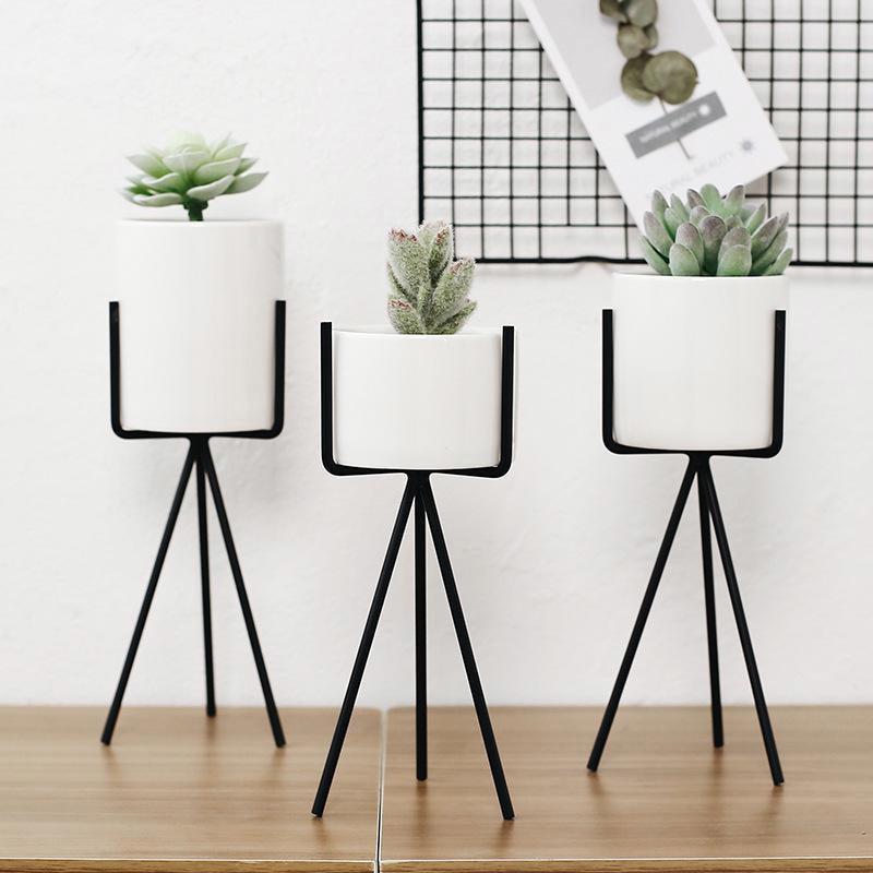 White Ceramic Planter with Metal Stand