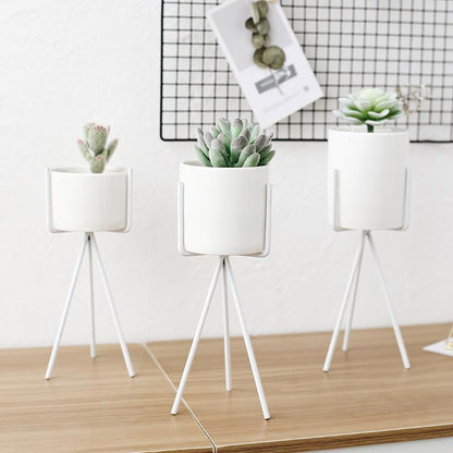 White Ceramic Planter with Metal Stand