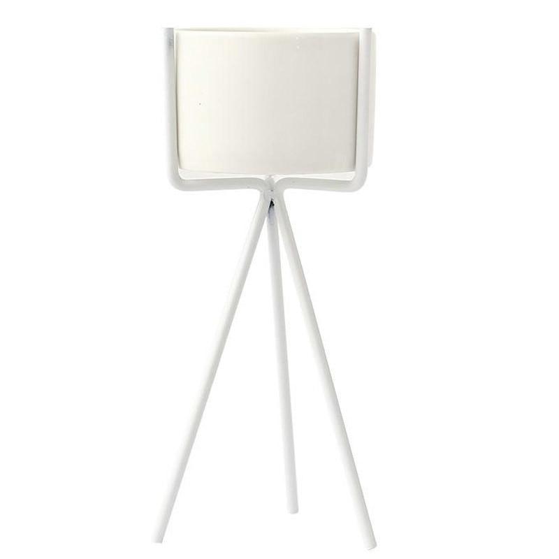White Ceramic Planter with Metal Stand