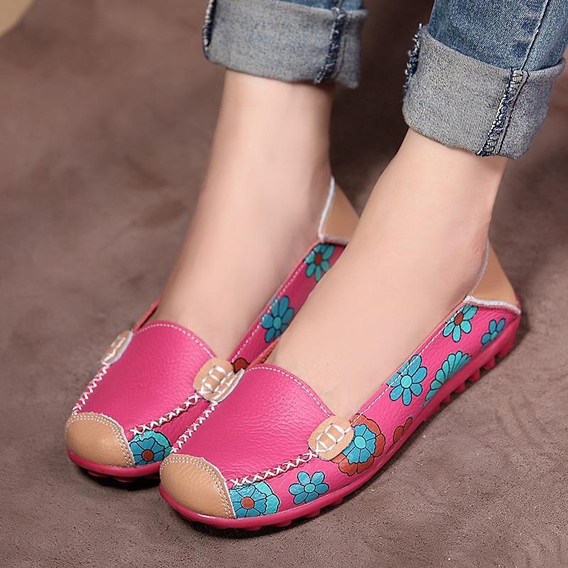 Women Casual Shoes Female Genuine Leather Printing Loafers