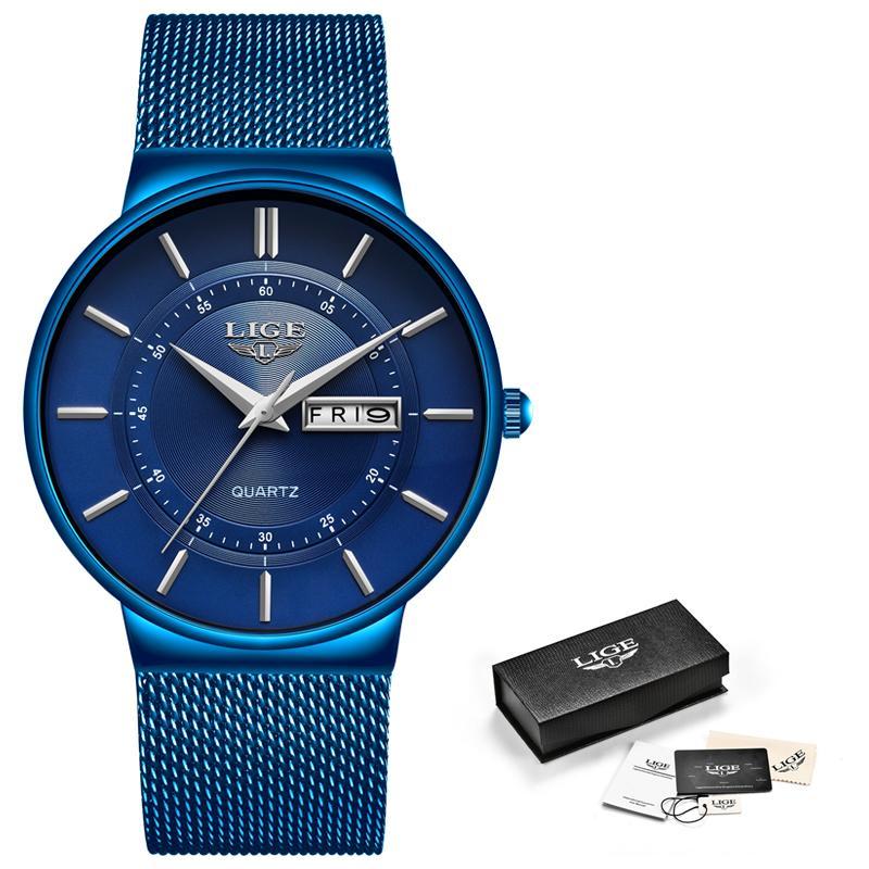 2019 New Blue Quartz Clock LIGE Mens Watches Top Brand Luxury Watch For Men Simple All Steel Waterproof Wrist Watch Reloj Hombre
