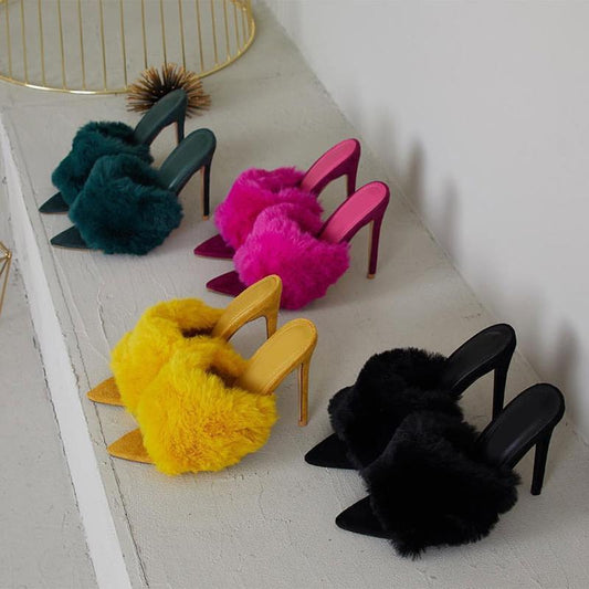 New European Station Sandals Candy Color Luxury Rabbit Fur Slippers