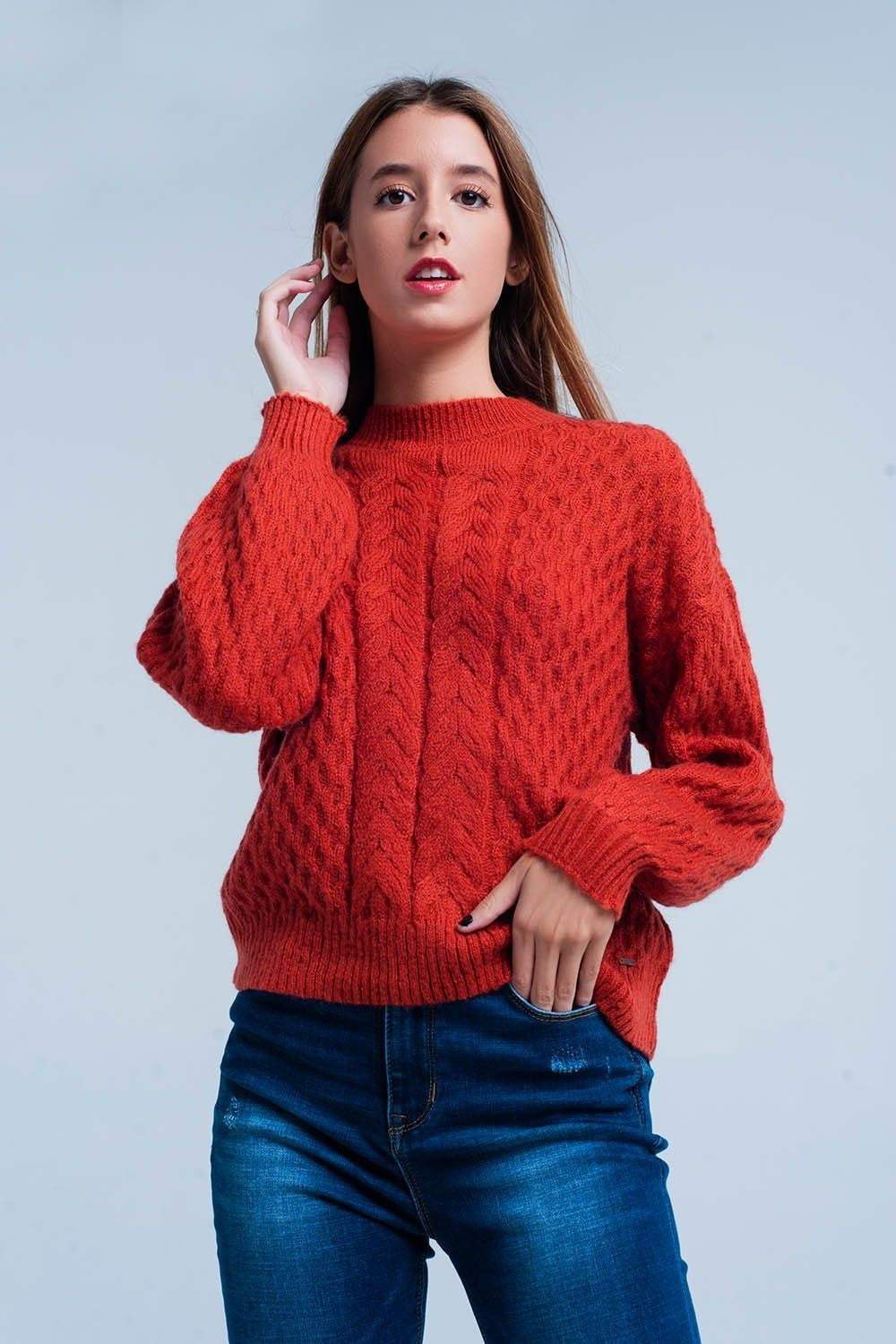 Orange Cable Knitted Sweater With Round Neck