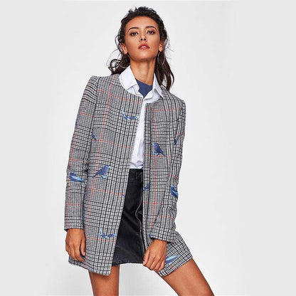 Bird Embroidered Hidden Zip Plaid Coat