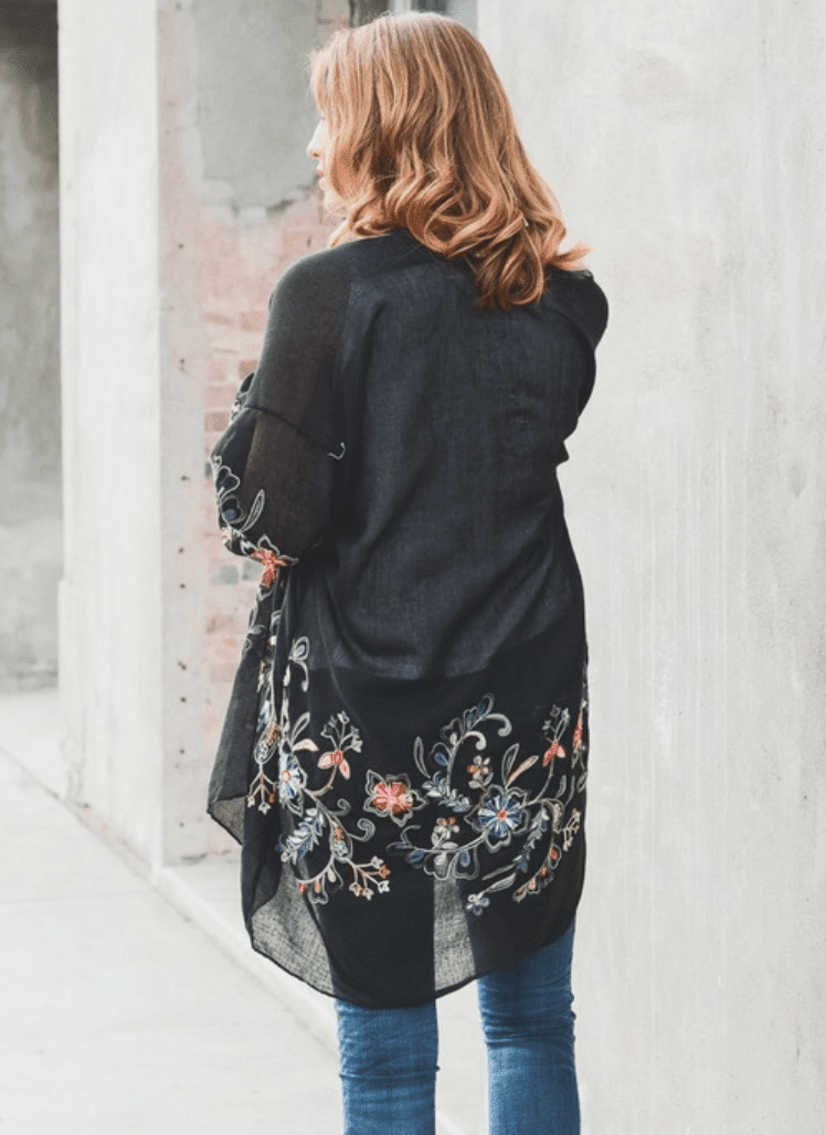 Beautiful Long Black Floral Kimono