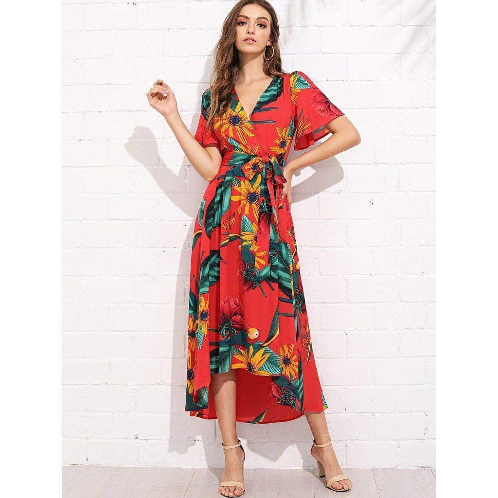 Trumpet Sleeve Surplice Neck Floral Dress