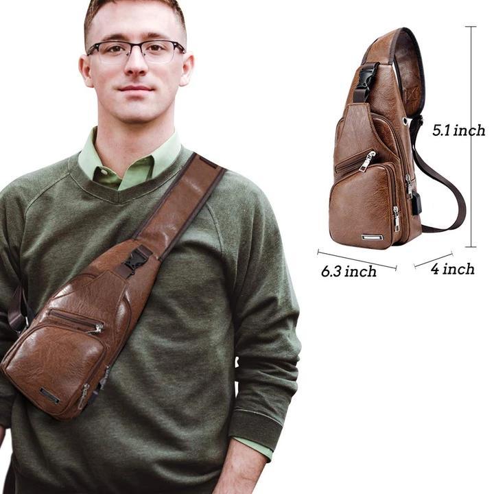 Large Men's Leather Bag Chest Backpack Waterproof Crossbody Bag with USB