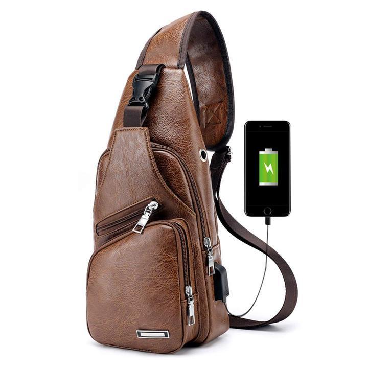 Large Men's Leather Bag Chest Backpack Waterproof Crossbody Bag with USB