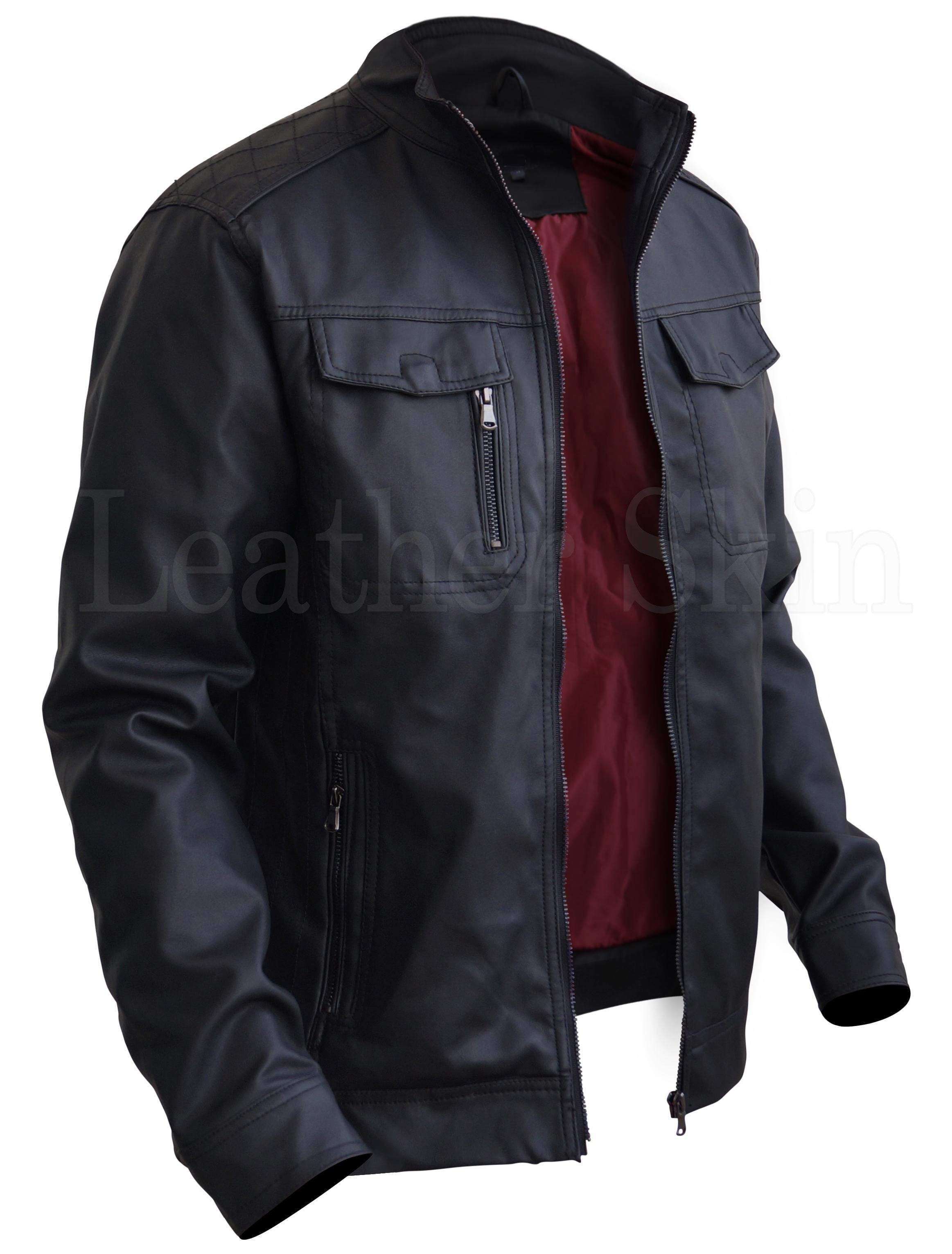 Black Crossed Shoulder Leather Jacket