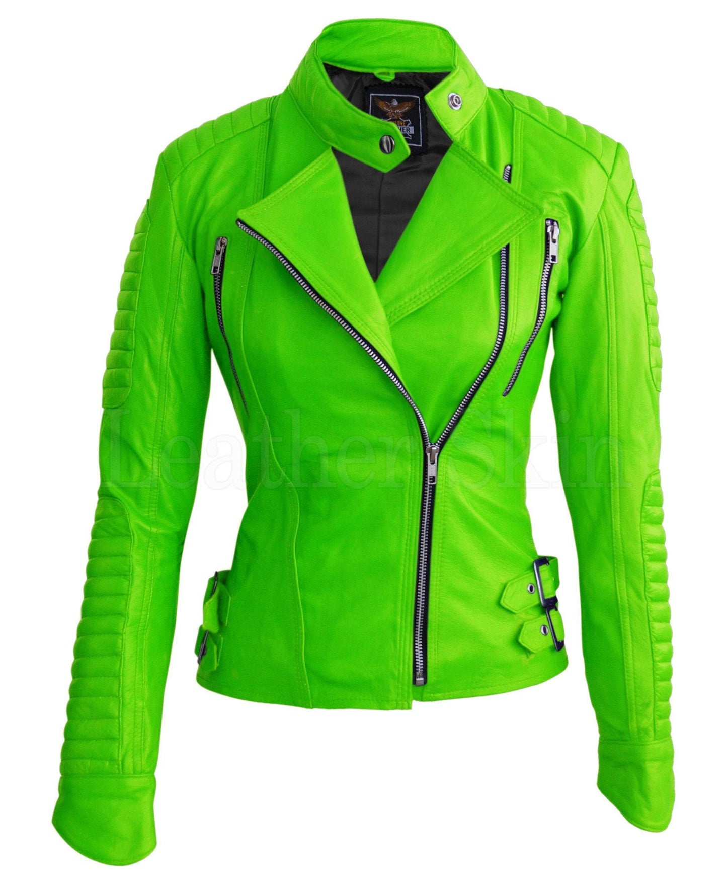 Women Parrot Green Padded Leather Jacket